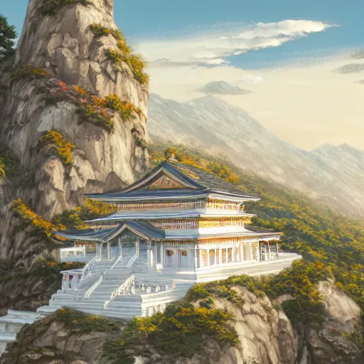 Prompt: concept art painting of a white marble temple on top of a mountain, with greek and japanese architecture, overlooking a valley with a village below, realistic, detailed, cel shaded, in the style of makoto shinkai and greg rutkowski and albert bierstadt and james gurney