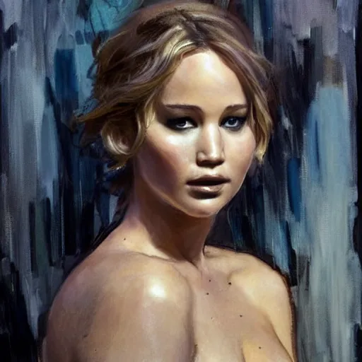 Image similar to jennifer lawrence, intricate, elegant, highly detailed, greg manchess, mucha, liepke, ruan jia, jeffrey catherine jones, ridley scott