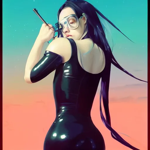 Image similar to a beautiful billie eilish kat dennings alluring instagram model in elaborate latex tank top, by guweiz and wlop and ilya kuvshinov and artgerm and makoto shinkai and studio ghibli, symmetrical eyes, aesthetic, gorgeous, stunning, alluring, attractive, artstation, deviantart, pinterest, digital art