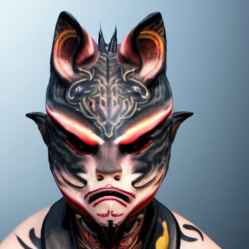 Image similar to a young male wearing a kitsune mask, his body is covered in tattoos, unreal engine 5, realistic, intricate