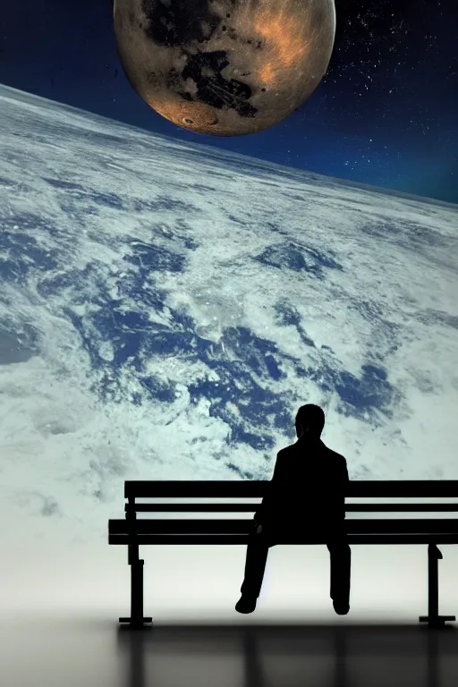 Image similar to Silhouette of a man sitting on a bench on the moon with a view of planet earth, photorealistic, high resolution, award winning, digital art, trending on artstation.