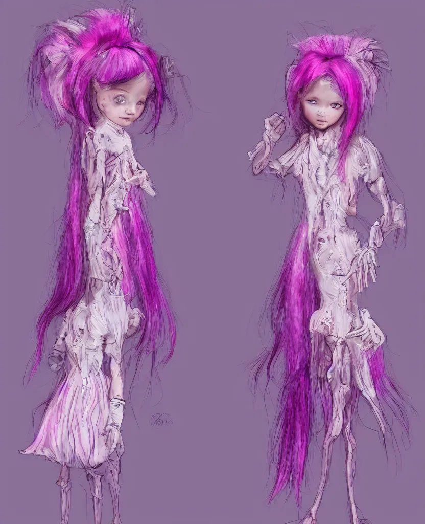 Image similar to little girl with eccentric pink hair wearing a dress made of purple fur, anatomically perfect, concept art, smooth