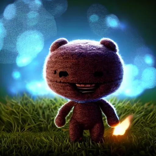 Image similar to cute fluffy sackboy cuddling a woolen earth, magical sparks flying around it in circles, 3d rendered, Ultra HD