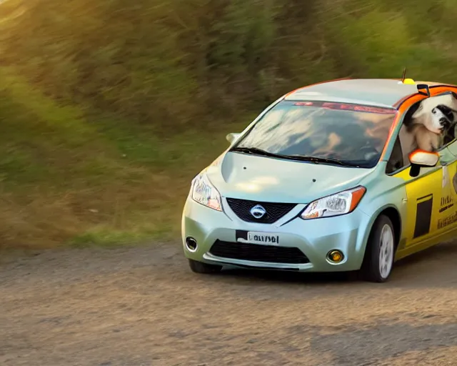 Image similar to border collie dog in the driver's seat of an orange nissan note, paws on wheel, car moving fast, rally driving photo, award winning photo, golden hour, front of car angle, extreme motion blur, 3 0 0 mm lens