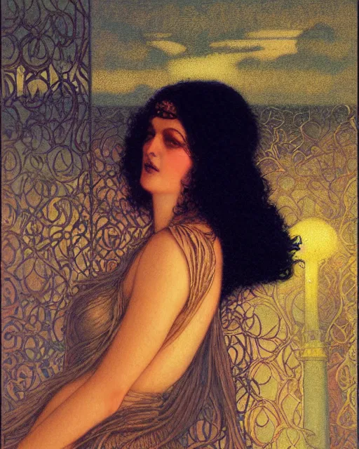 Image similar to a cautious woman, mysterious, dark, intricate, concept art, smooth, sharp focus, illustration, by delphin enjolras, by carlos schwabe,