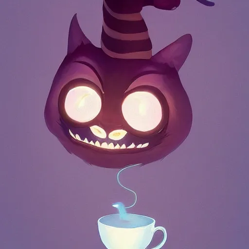 Image similar to cheshire cat drinking tea, in the style of atey ghailan and james gilleard and goro fujita, exquisite lighting, art, very coherent, trending on artstation