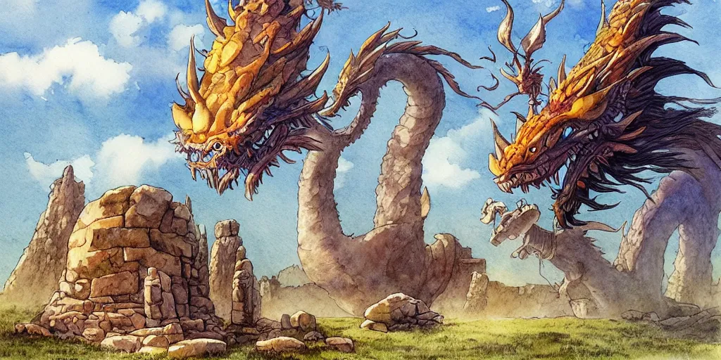 Prompt: a hyperrealist studio ghibli watercolor fantasy concept art of a giant chinese dragon and a small grey alien in stonehenge in the early morning. a giant gold ufo is floating in the air. by rebecca guay, michael kaluta, charles vess