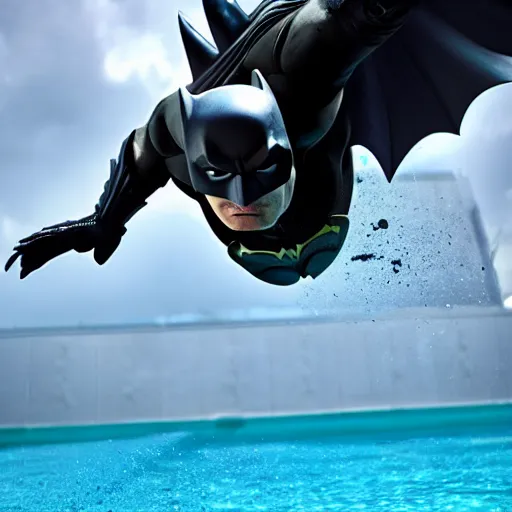 Image similar to batman diving in a pool, professional photography