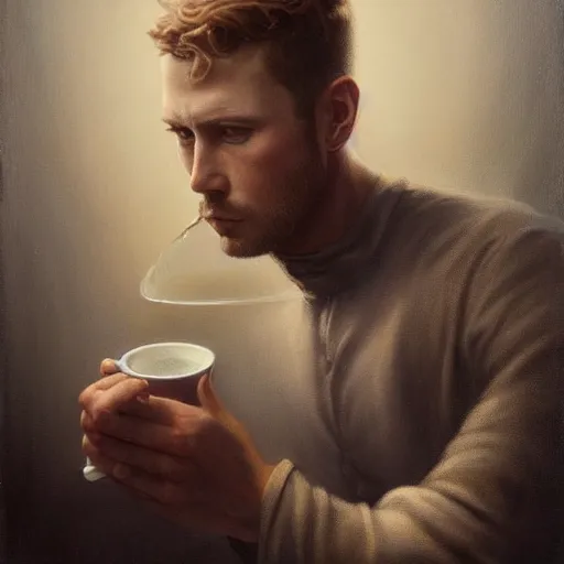 Prompt: by tom bagshaw, ultra realist soft painting of a daily clothed man drinking his coffee while watching the bomb explode, partial symmetry accurate features, very intricate details, focus, curvy, award winning, ultra dense fog