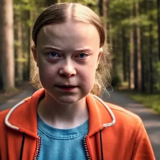 Image similar to Greta Thunberg as eleven in Stranger Things