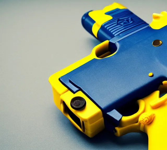 Image similar to a 4 k photorealistic photo full shot of a yellow and blue gun.