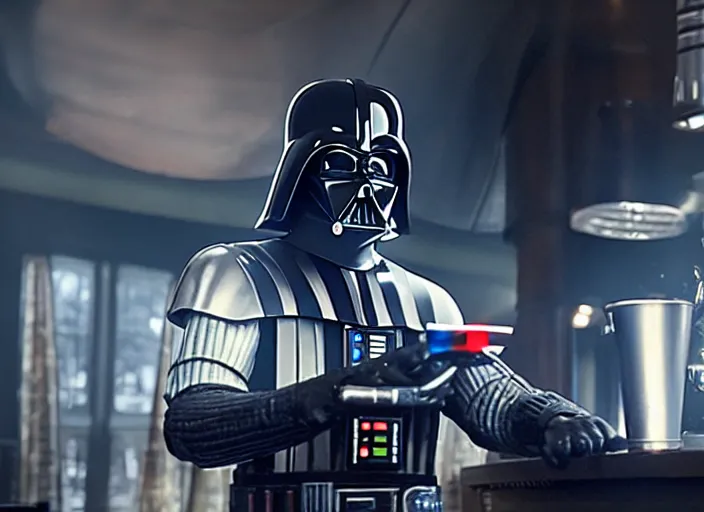 Image similar to film still of Darth Vader working as a bartender in the new Star Wars movie, 4k