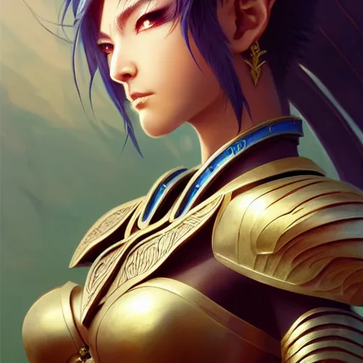 Image similar to 3 / 4 view of a warrior woman with wings, pixie character, video game genshin impact,, intricate, elegant, sharp focus, illustration, highly detailed, concept art, matte, art by wlop and artgerm and greg rutkowski, anime, ilya kuvshinov, katsuhiro otomo, kidmo! - h 6 4 0