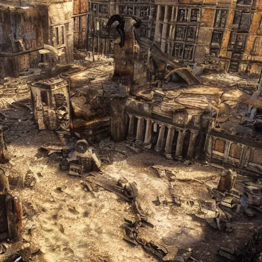 Image similar to golden mammoth in a ruined city, photorealistic, realistic, dramatic, cinematic, photography