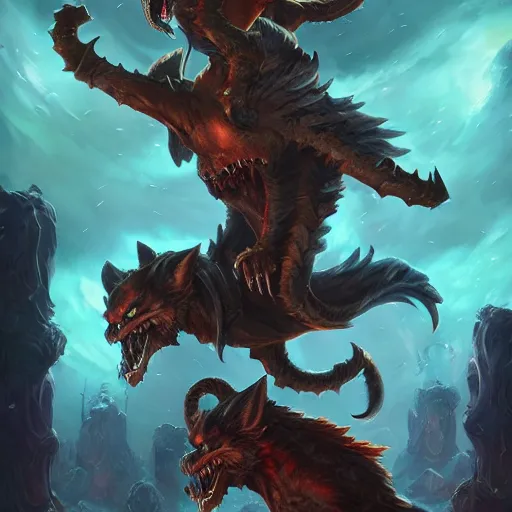 Image similar to hell cerberus, hell background, epic fantasy style, in the style of Greg Rutkowski, hearthstone artwork