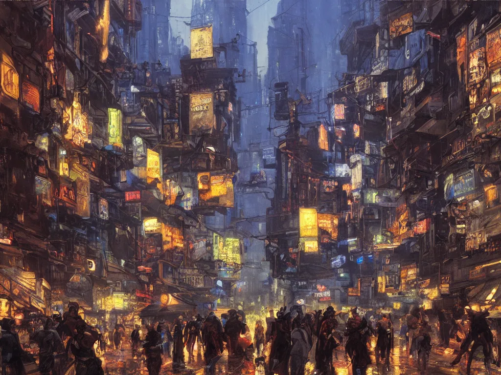 Prompt: street at maximum rush, with many travelers, merchants, hustlers, and thugs, marketplace, dark night, by George Luks, cyberpunk style, matte painting, concept art, blue color scheme