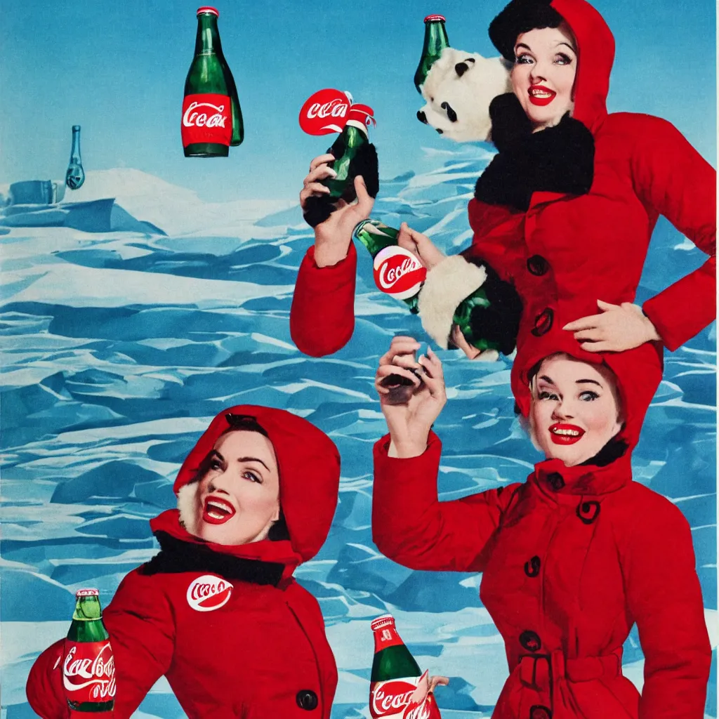 Prompt: woman wearing a parka drinking a bottle of coke in front of an icy polar landscape, polar bear in the far background, coka-cola advertisement, pinup style, retro ad, print advertising, 1960's