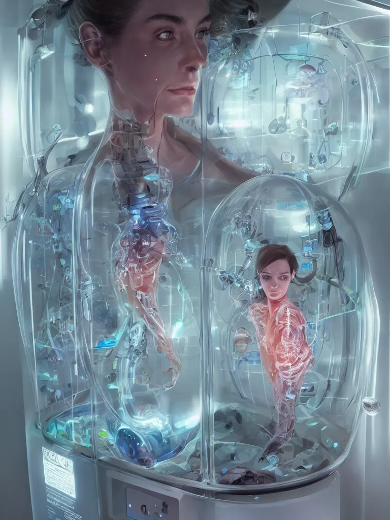 Prompt: detailed portrait very beautiful cyborg transparent glossy glass skin surrounded glowing tubes inside an incubator futuristic hospital bio lab, rendered by beeple, by syd meade, by android jones, by yoanne lossel, by artgerm and greg rutkowski, space art concept, sci - fi, digital art, unreal engine, wlop, trending artstation