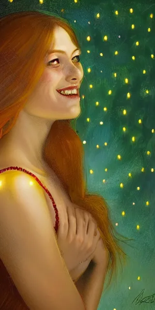 Image similar to a totally amazed smiling pretty woman surrounded by golden firefly lights in a mesmerizing scene, sitting amidst nature fully covered! intricate detailed bohemian outfit, long loose red hair, precise linework, accurate green eyes, small nose with freckles, beautiful smooth oval head, expressive emotions, hyper realistic ultrafine portrait by artemisia gentileschi, jessica rossier, greg rutkowski