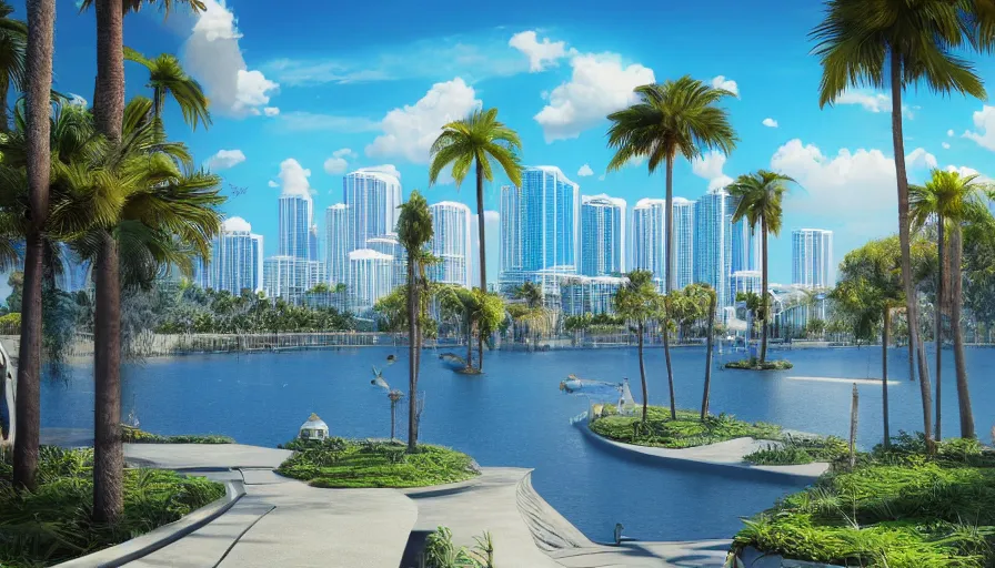 Image similar to concept city art of an artificial lake surrounded by palm trees and small blues domes in miami, sunny day, hyperdetailed, artstation, cgsociety, 8 k