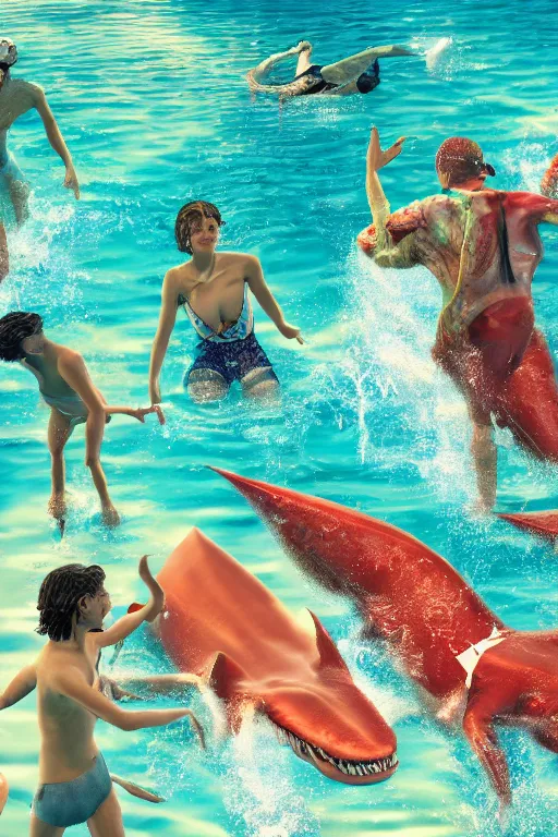 Image similar to summer swimming party, jaws, body horror, hyperdetailed octane render