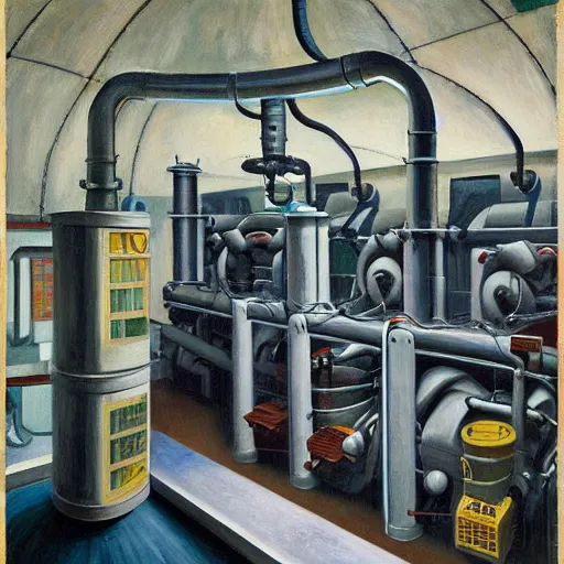Image similar to engine room, turbines, robot repairmen, reactor core, grant wood, pj crook, edward hopper, oil on canvas