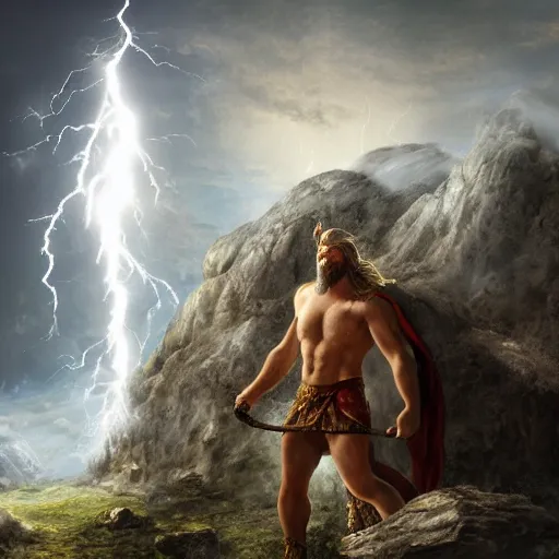 Image similar to in the ruins of mount oylmpus the roman gods look down on the mortals, zeus holds a lightning rod and thor has his hammer, digital art, 4 k,