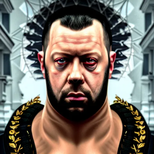 Image similar to portrait painting of a kollegah the rapper michael sheen, ultra realistic, concept art, intricate details, eerie, highly detailed, photorealistic, octane render, 8 k, unreal engine. art by artgerm and greg rutkowski and charlie bowater and magali villeneuve and alphonse mucha