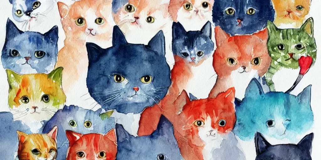 Prompt: watercolor illustration style, cute! cats!!! choose different costumes, business, inspiring art