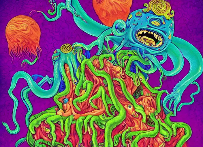 Image similar to lovecraftian grotesque fleshy hellscape artwork by Lisa Frank