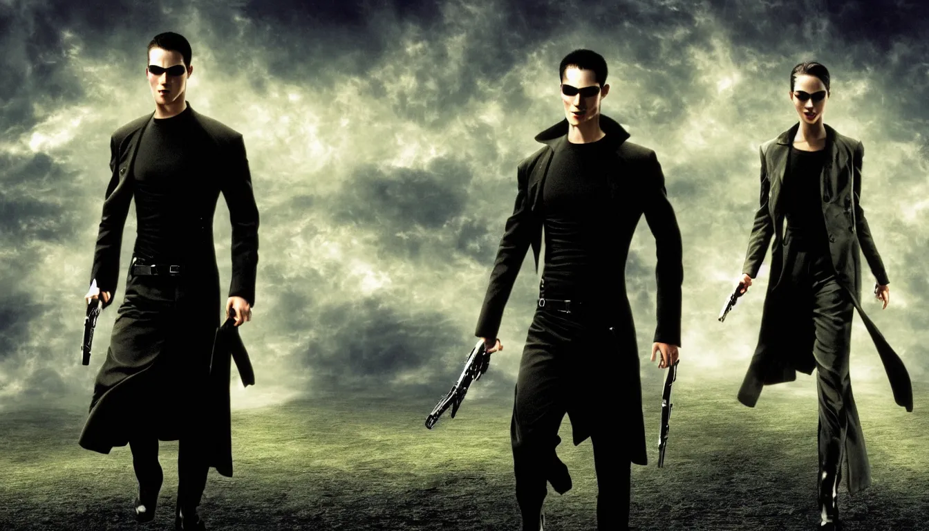 Image similar to Neo from The Matrix standing in the middle of the Windows XP desktop wallpaper, trending on artstation