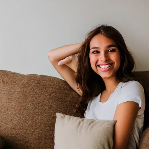 Image similar to a cute young woman smiling, long shiny bronze brown hair, full round face, green eyes, medium skin tone, light cute freckles, smiling softly, wearing casual clothing, relaxing on a modern couch, interior lighting, cozy living room background, medium shot, mid-shot, soft focus