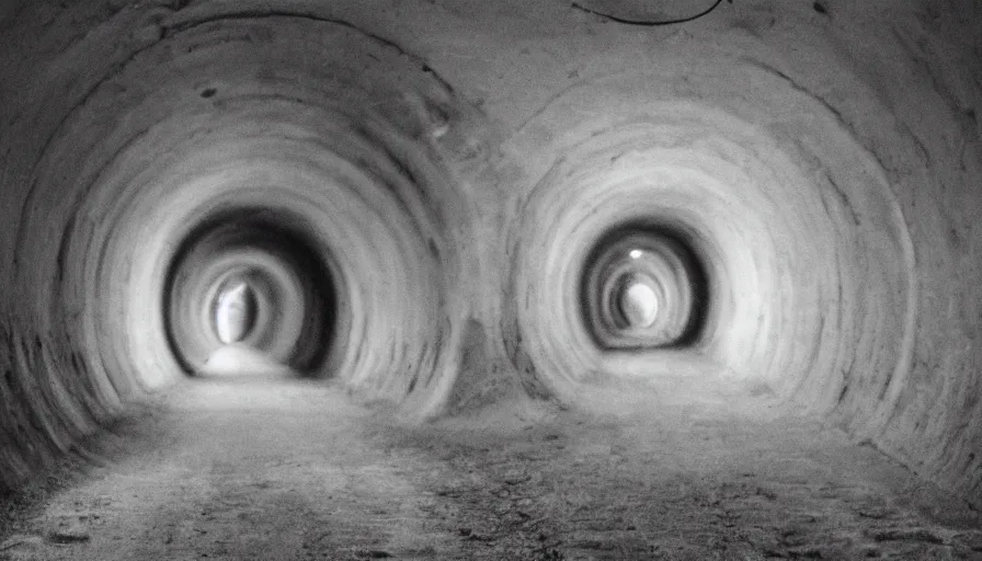 Image similar to portrait of a white female phantom an empty soviet tunnel, early black and white 8mm, heavy grain, high quality, liminal space style