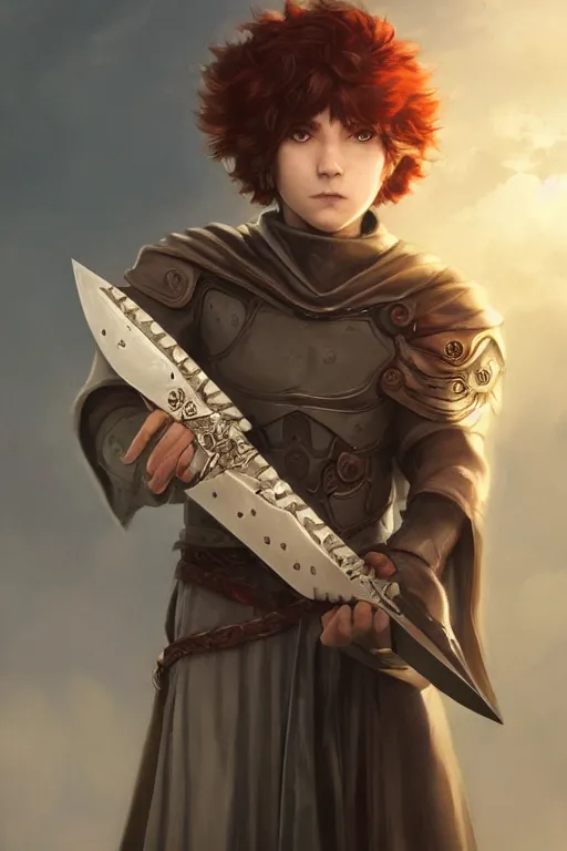 Image similar to a small paladin holding a starknife, character art portrait, anime key visual, official media, illustrated by tom bagshaw, wlop, kentaro miura, extremely detailed, 8 k, trending on artstation, cinematic lighting, beautiful