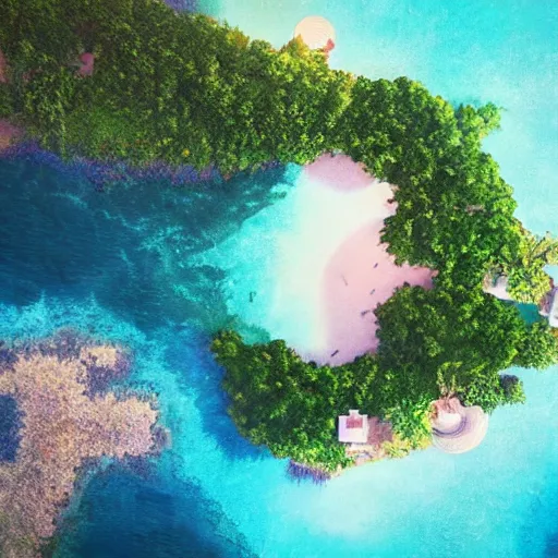 Prompt: a beautiful render of a dreamy anime island paradise from above by makoto shinkai, soft details, graphic art