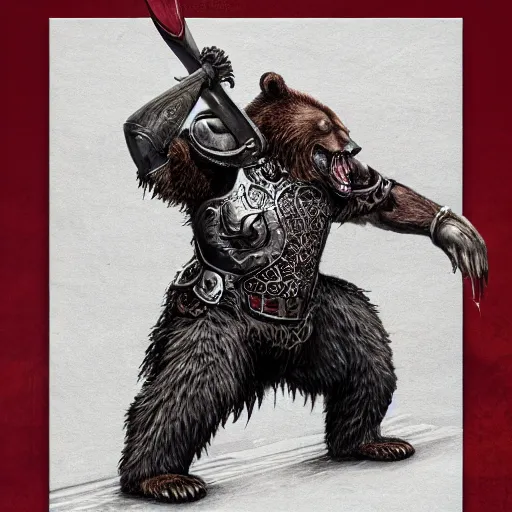 Image similar to Anthropomorphized Roaring Bear in full armor carrying big Axe, full body, menacing pose, concept art, insanely detailed and intricate, hypermaximalist, elegant, ornate, hyper realistic, super detailed, tribal red atmosphere, Art Deco, cinematic, trending on artstation, magic the gathering artwork