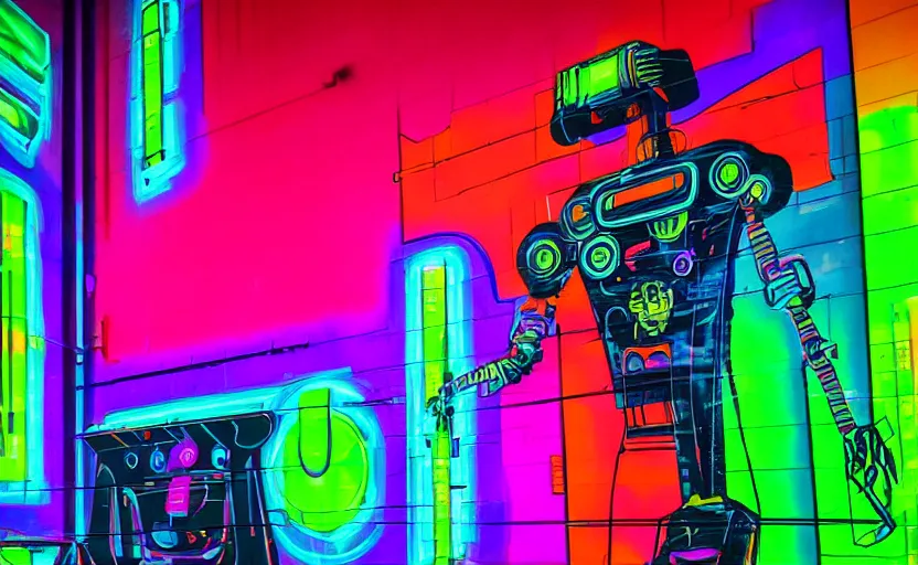 Prompt: mural of a cyberpunk robot, neon colors, painted on a giant wall