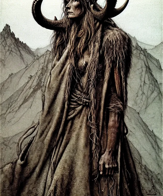 Image similar to A detailed horned antelopewoman stands among the mountains with a rings on hands. Wearing a ripped mantle, robe. Extremely high details, realistic, fantasy art, solo, masterpiece, art by Zdzisław Beksiński, Arthur Rackham, Dariusz Zawadzki