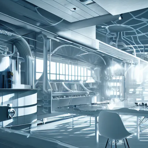 Prompt: illustration hypersonic architecture HPLC manufacturing plant interior vray split lighting cinematic render maya octane pixar blender 3D glass distilled Organofluorine