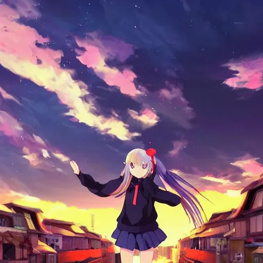 Image similar to Astonishing Pixiv 8K Splash art of an Anime Key Visual Pinterest loli with blond hair and cute pigtails who wears a blue coat with a hood and black shorts when practicing parkour through a big modern city in twilight from Unsplash. She does a superhero pose against a cinematic dark scene of an HDR sunset with faint orange light in Studio Ghibli style. Amazing piece Trending on Artstation and DeviantArt, dynamic lighting,