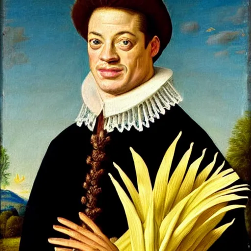 Image similar to a 1 6 0 0 s portrait painting of brendan fraser holding corn, intricate, elegant, highly detailed