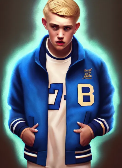 Image similar to portrait of high school senior boy named big moose, blonde short hair, jock, beefy, wide face, square jaw, square facial structure, blue varsity jacket with letter r, intricate, elegant, glowing lights, highly detailed, digital painting, artstation, concept art, sharp focus, illustration, art by wlop, mars ravelo and greg rutkowski