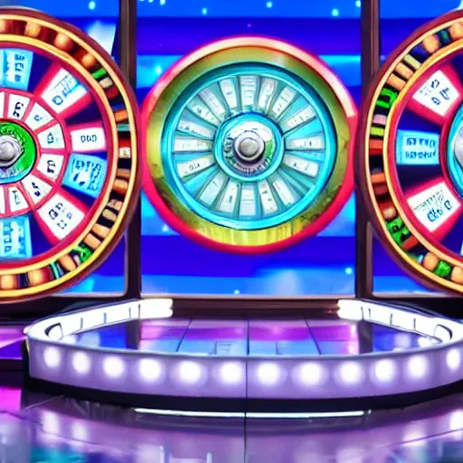 Prompt: broadcast still of wheel of fortune board with 4 empty spaces