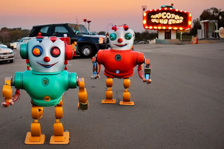 Image similar to 2 0 clowns - robots leaving a clowncar at a california drive in, in 2 0 1 2, cutecore clowncore, bathed in the the glow of the sunset, low - light photograph, in style of tyler mitchell