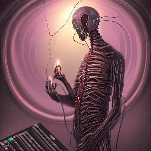 Image similar to ilithid mindflayer wearing headphones and playing synthesizers, glowing candles, elegant, intricate, digital painting, airbrush painting, artstation, sharp focus, illustration, by HR Giger,