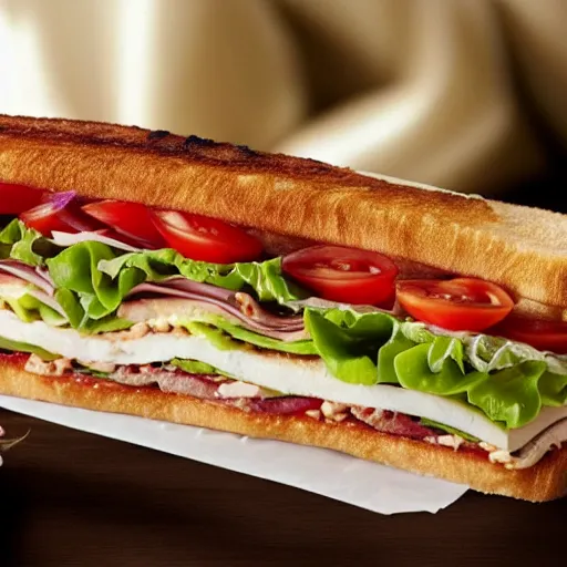 Prompt: still from ad for panera's new nlt sandwich ( nails, lettuce, and tomato )