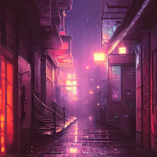 Image similar to a ultra detailed beautiful painting of a dark alleyway in a cyberpunk city at nighttime, oil panting, high resolution 4 k, by ilya kuvshinov, greg rutkowski and makoto shinkai