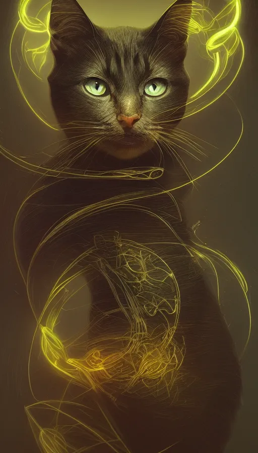 Image similar to cat, neon, fibonacci, sweat drops, insane, intricate, highly detailed, digital painting, artstation, concept art, smooth, sharp focus, illustration, Unreal Engine 5, 8K, art by artgerm and greg rutkowski and alphonse mucha