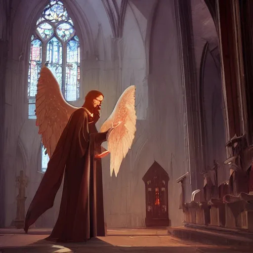 Image similar to angel protecting man who is praying inside a gothic church by Stanley Artgerm Lau, WLOP, Rossdraws, James Jean, Andrei Riabovitchev, Marc Simonetti, Yoshitaka Amano, ArtStation, CGSociety