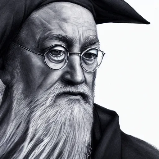 Prompt: a close up portrait of Dumbledore, focused gaze, art station, highly detailed, concept art